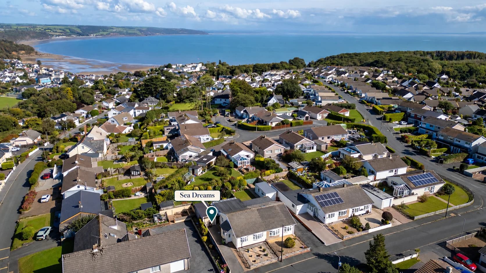 Aerial view over Saundersfoot and the bay, showing where Sea Dreams sits